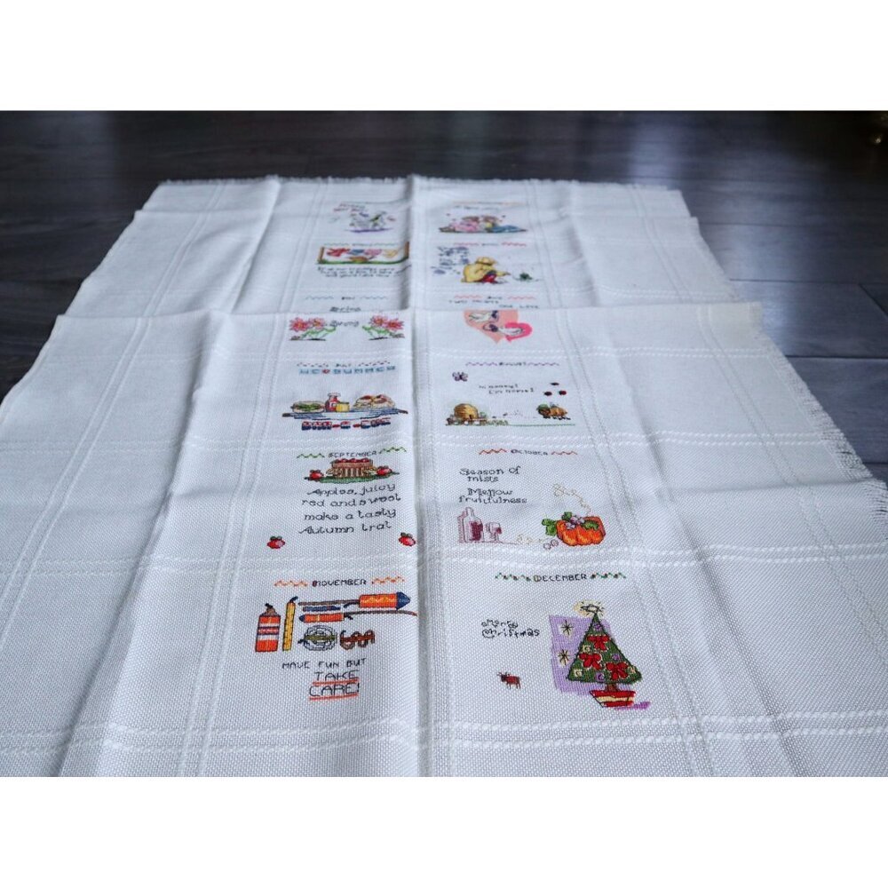 Vintage Cross Stitch Table Topper Months of the Year Hand Made  T2